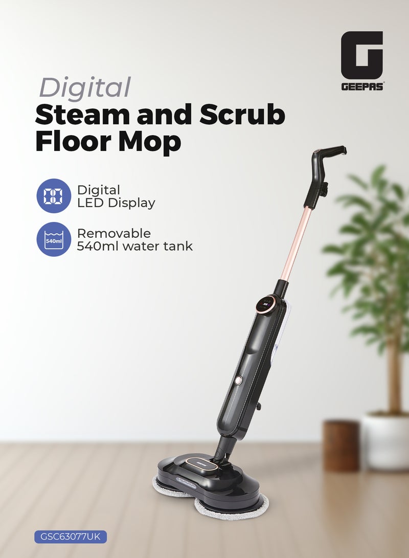 GEEPAS Digital Steam & Scrub Floor Mop 540 ML Tank |1380 W 25g/min Steam Output | Twin Rotating Pads, LED Display & Headlight | GSC63077UK Black 1380 W GSC63077UK Black - Image 1
