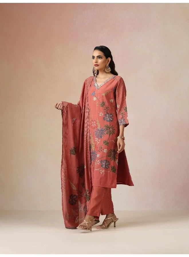 trueBrowns trueBrowns Rust Embroidered Straight Kurta 3pc Set