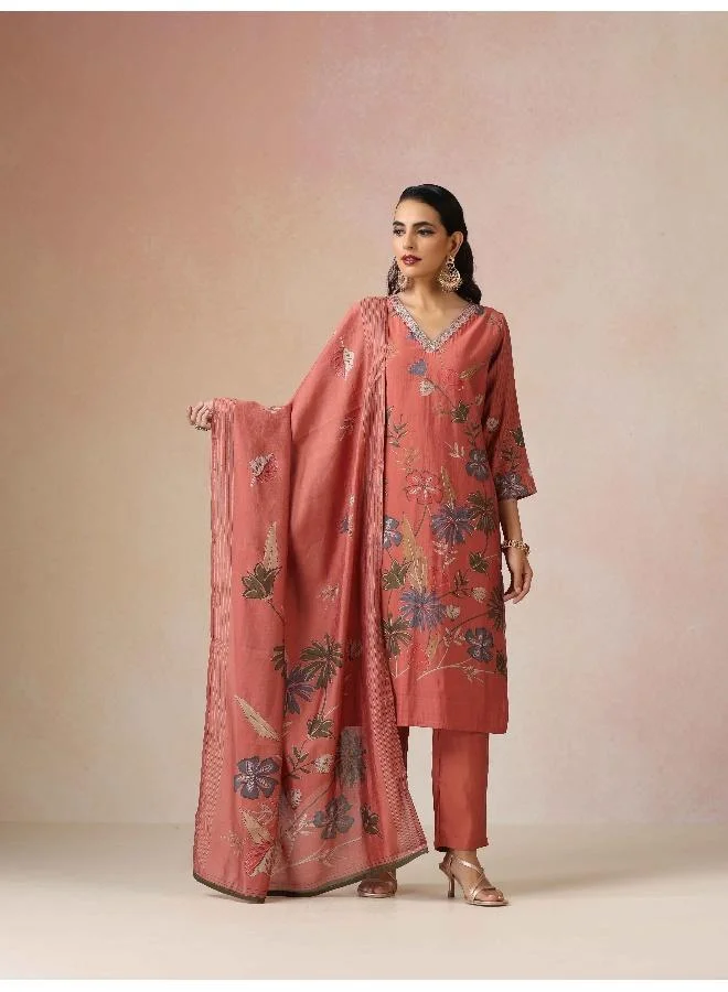 trueBrowns trueBrowns Rust Embroidered Straight Kurta 3pc Set