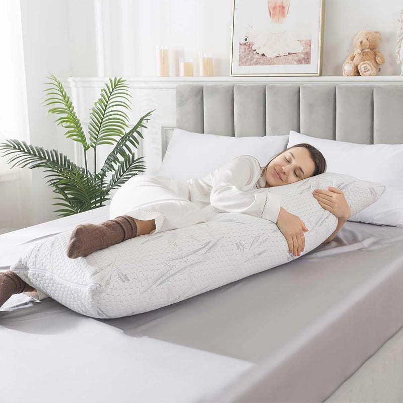 WhatsBedding Memory Foam Body Pillow for Adults with Zipperd Rayon Derived from Bamboo Cover, Breathable Long Pillow for Side Sleeper, Shredded Memory Foam Stuffing, Grey Leaf - Image 1