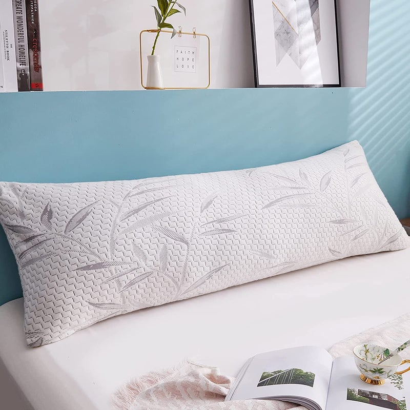 WhatsBedding Memory Foam Body Pillow for Adults with Zipperd Rayon Derived from Bamboo Cover, Breathable Long Pillow for Side Sleeper, Shredded Memory Foam Stuffing, Grey Leaf - Image 4