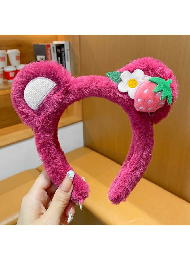 Cute plush strawberry bear headband for women (rose red)