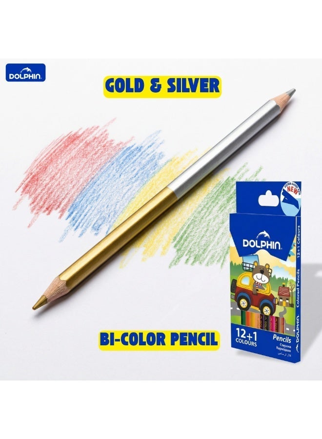 Dolphin Color Pencils 12+1 Colors Set – 12 Coloring Pencils with 1 Dual Color Gold & Silver Pencil, Kids School Drawing Pencils - Image 4