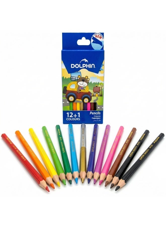 Dolphin Color Pencils 12+1 Colors Set – 12 Coloring Pencils with 1 Dual Color Gold & Silver Pencil, Kids School Drawing Pencils - Image 1