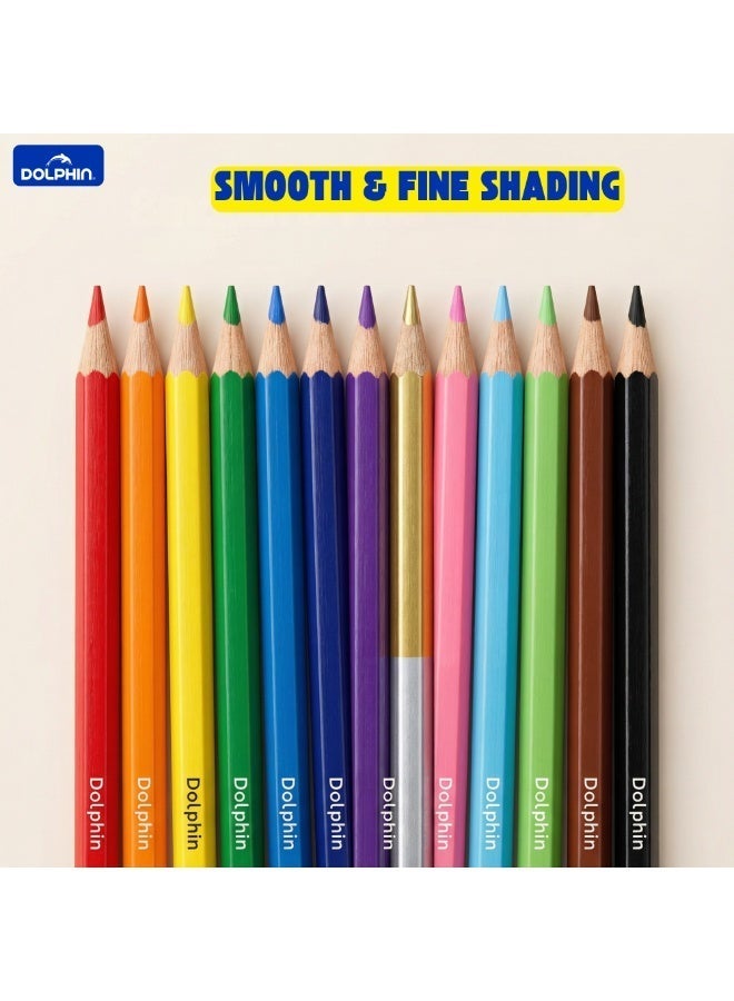 Dolphin Color Pencils 12+1 Colors Set – 12 Coloring Pencils with 1 Dual Color Gold & Silver Pencil, Kids School Drawing Pencils - Image 3