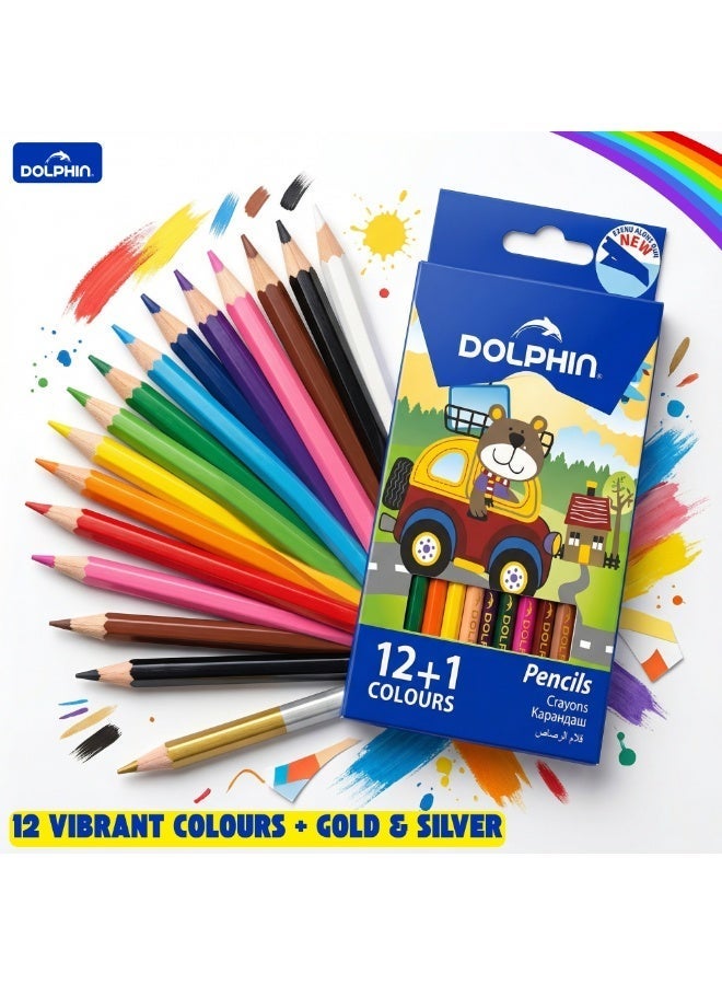 Dolphin Color Pencils 12+1 Colors Set – 12 Coloring Pencils with 1 Dual Color Gold & Silver Pencil, Kids School Drawing Pencils - Image 2