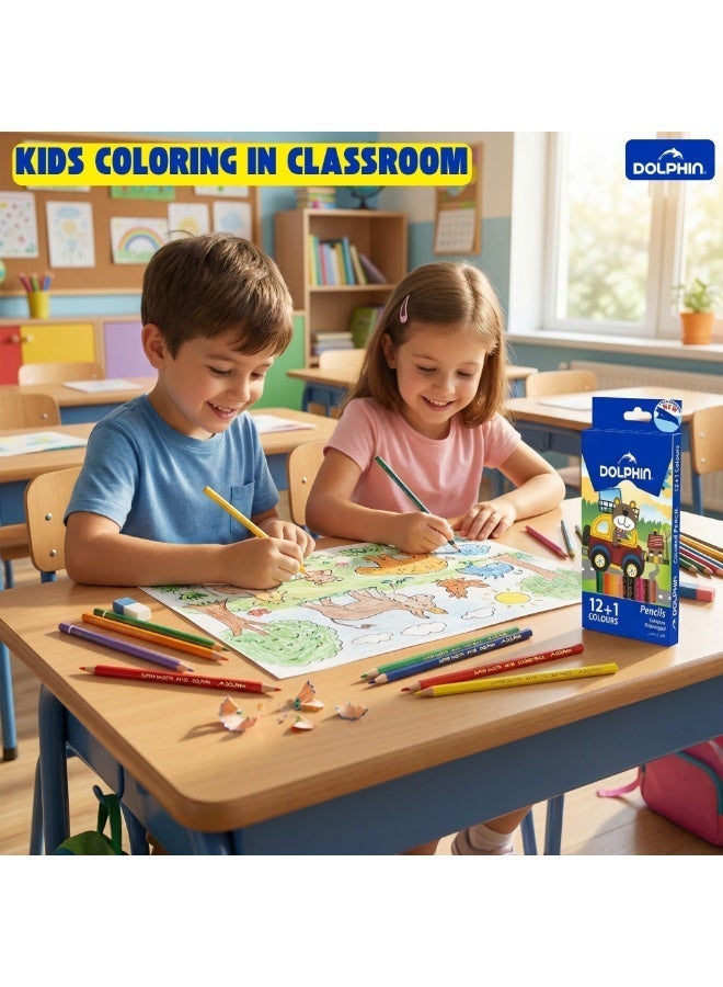 Dolphin Color Pencils 12+1 Colors Set – 12 Coloring Pencils with 1 Dual Color Gold & Silver Pencil, Kids School Drawing Pencils - Image 5