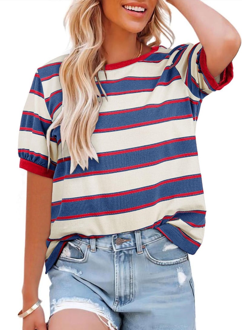 Lafural Womens Tops Cotton Casual Color Block Striped Short Sleeve Shirts Crewneck T Shirts Loose Basic Tee Blouses Blue White L - Image 1