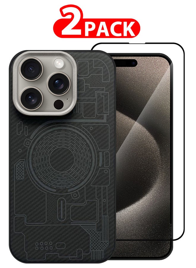 MARGOUN For iPhone 15 Pro 2 Pack Case And Screen Protector Carbon Fiber Made Slim And Light Shockproof Phone Cover Military-Grade Protection MIX1 - Image 1