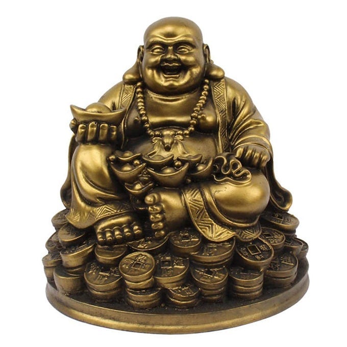 RESIN FENGSHUI FIGURINE LAUGHING BUDDHA SITTING ON LUCK MONEY COINS CARRYING GOLDEN INGOT FOR GOOD LUCK HAPPINESS 5 INCHESGOLD 1 PIECE HOME DEOCRATION GIFTING MADE IN INDIA
