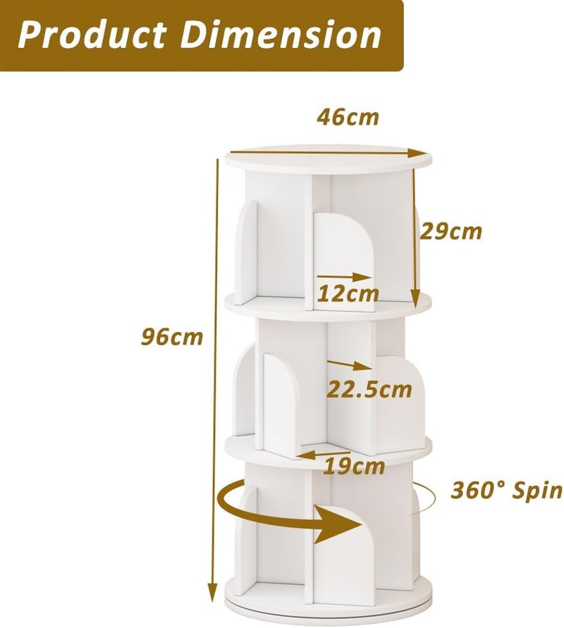 JANTENS Round Rotating Bookshelf,360° Spinning Bookcase Organizer,3 Shelves Corner Standing Display Rack for Home Office, Tall Narrow Bookcase for Small Spaces, Bedroom, Kids Room (White, 96 * 46 * 46cm) - Image 2