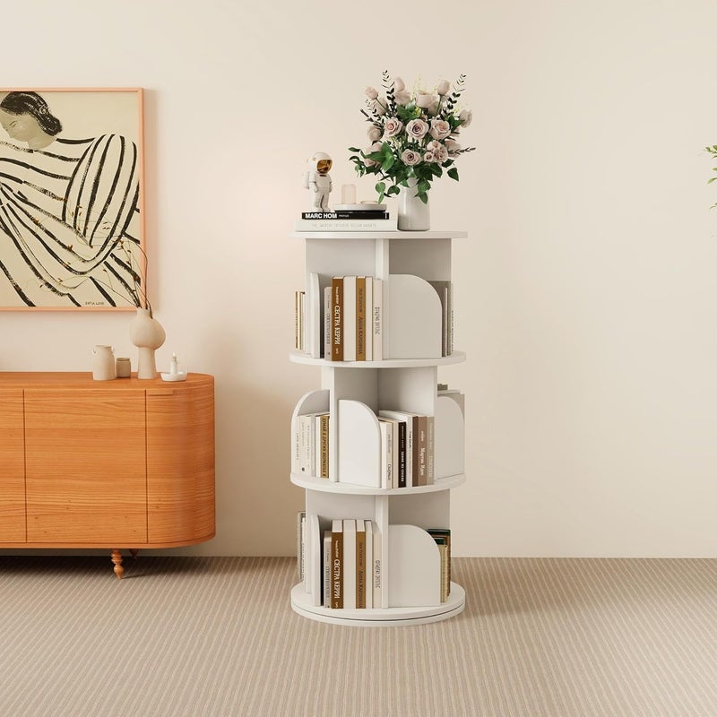 JANTENS Round Rotating Bookshelf,360° Spinning Bookcase Organizer,3 Shelves Corner Standing Display Rack for Home Office, Tall Narrow Bookcase for Small Spaces, Bedroom, Kids Room (White, 96 * 46 * 46cm) - Image 1
