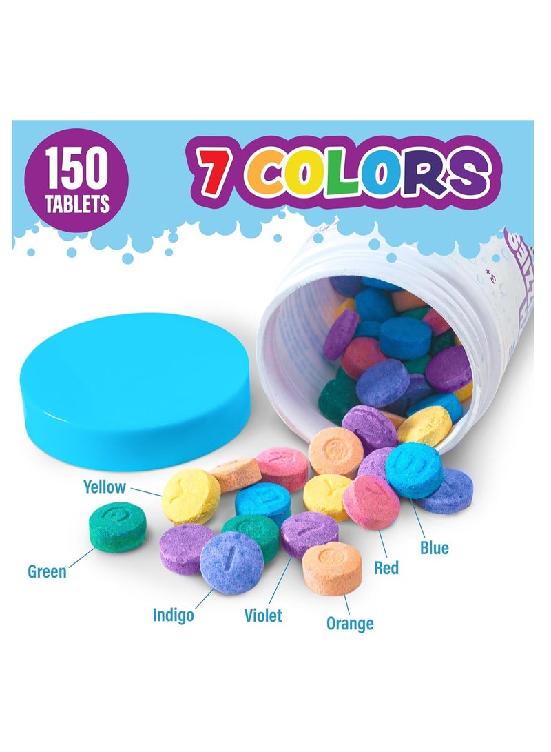 Tub Works أقراص ألوان الاستحمام الفوارة من Tub Works®، 150 قرصًا | غير سامة وخالية من العطور | أقراص ألوان الاستحمام الفوارة للأطفال | ابتكر ألوان استحمام ممتعة | أقراص ماء بسبعة ألوان متنوعة | قنابل استحمام للأطفال  - Image 2