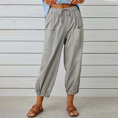 Larmliss Women's Capri Pants High Waist Drawstring Cinch Bottom with Button Cotton Loose Casual Trouser with Pockets Grey - Image 2