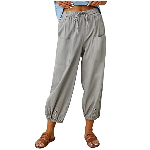 Larmliss Women's Capri Pants High Waist Drawstring Cinch Bottom with Button Cotton Loose Casual Trouser with Pockets Grey - Image 1