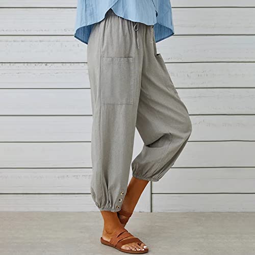 Larmliss Women's Capri Pants High Waist Drawstring Cinch Bottom with Button Cotton Loose Casual Trouser with Pockets Grey - Image 3