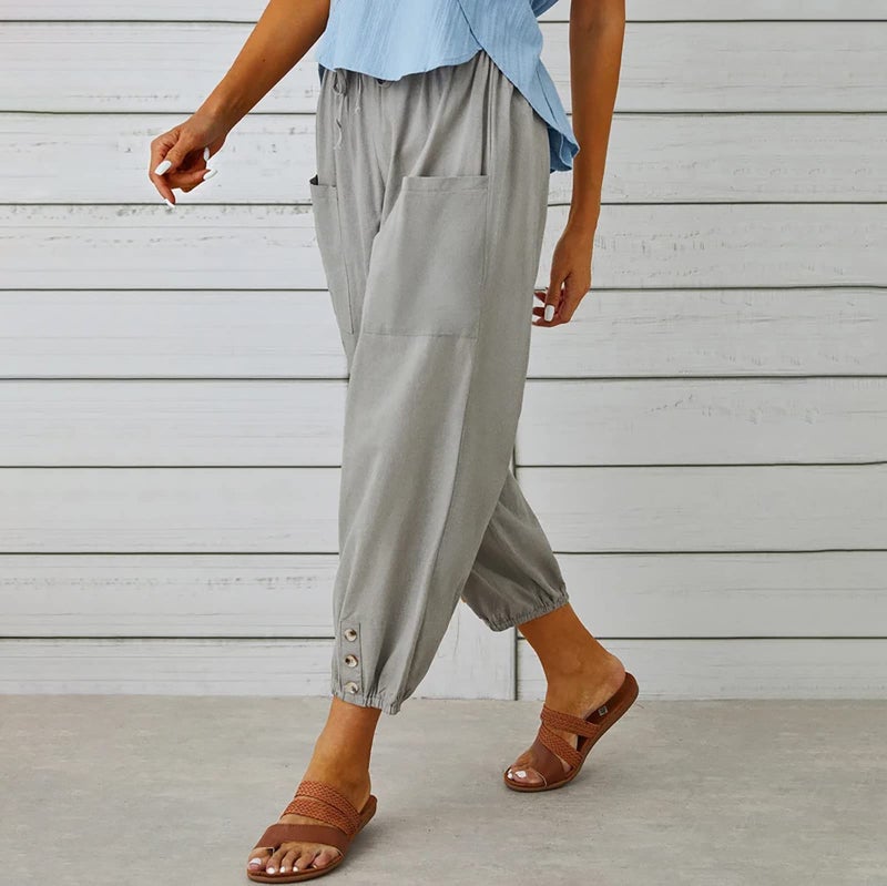 Larmliss Women's Capri Pants High Waist Drawstring Cinch Bottom with Button Cotton Loose Casual Trouser with Pockets Grey - Image 5