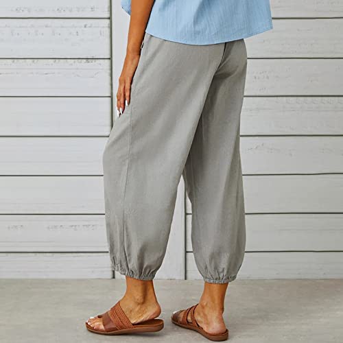 Larmliss Women's Capri Pants High Waist Drawstring Cinch Bottom with Button Cotton Loose Casual Trouser with Pockets Grey - Image 4