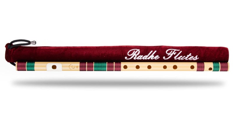 Radhe Flutes بانسوري وسطى طبيعي لليد اليمنى | مارون وأخضر داكن | مضبوط مع تانبورا A=440Hz | فلوت PVC + غلاف مخملي + دروس فلوت بالهندية والإنجليزية - Image 1