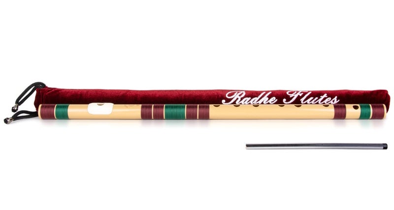 Radhe Flutes بانسوري وسطى طبيعي لليد اليمنى | مارون وأخضر داكن | مضبوط مع تانبورا A=440Hz | فلوت PVC + غلاف مخملي + دروس فلوت بالهندية والإنجليزية - Image 3