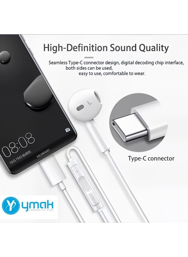YMak Electronics YMak Earpods with USB C Wired Earbuds with Microphone & Volume Control, In-ear Headphones for iPhone 15 Pro Max, iPad Pro/Air, Samsung (White) - Image 2