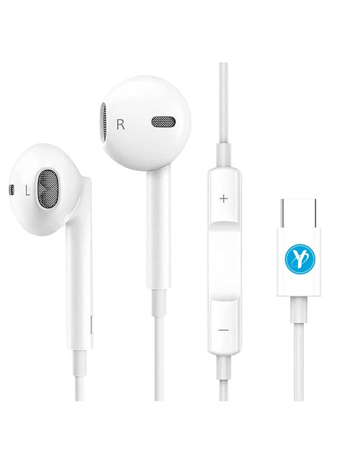 YMak Electronics YMak Earpods with USB C Wired Earbuds with Microphone & Volume Control, In-ear Headphones for iPhone 15 Pro Max, iPad Pro/Air, Samsung (White) - Image 1