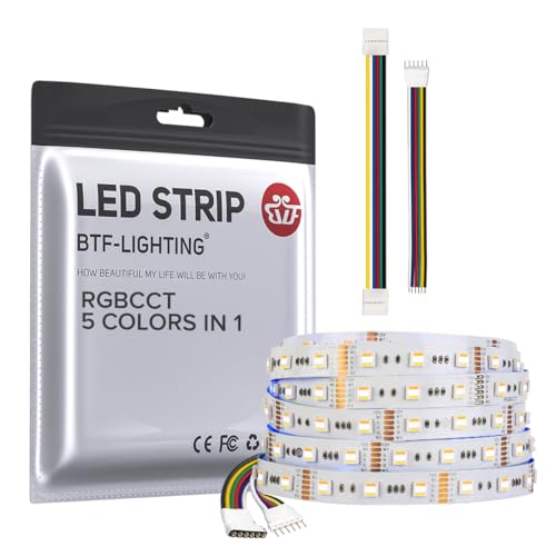 BTF-LIGHTING RGBCCT 5 Colors in 1 LED 5050SMD RGBWW RGB+Dimmable Tunable Color Temperature 2700K-6500K 16.4ft 60LEDs/m 300LEDs DC12V Multi-Colored Tape Lights IP30 White PCB(No Adapter or Controller) - Image 1