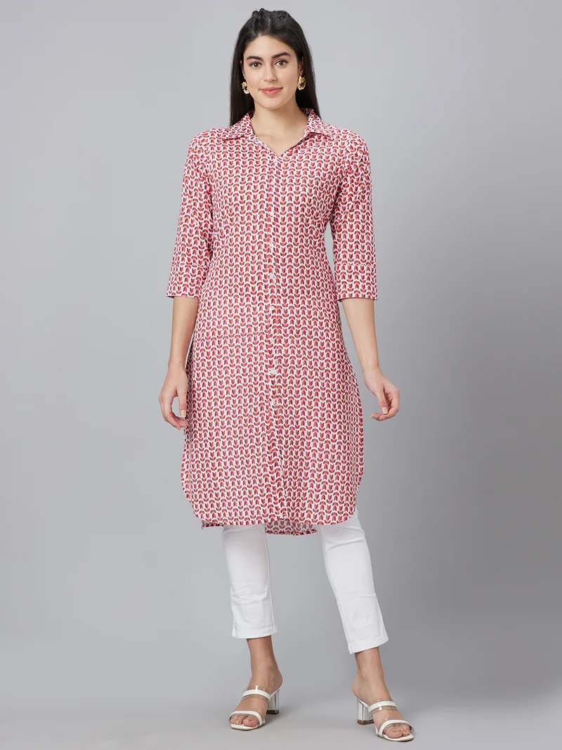 Women Floral Printed Shirt Collar Pure Cotton Straight Kurta