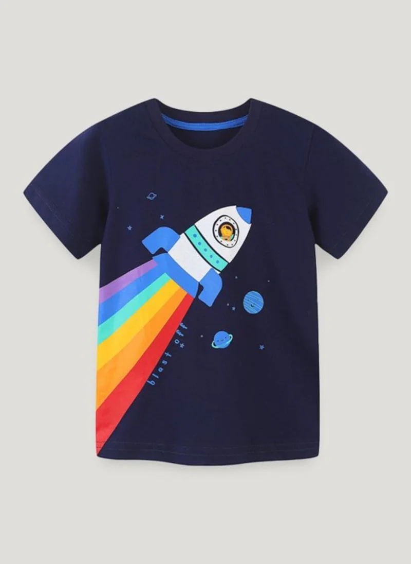 YUNIQEE Navy Blue Printed Round Neck Cotton T-shirt