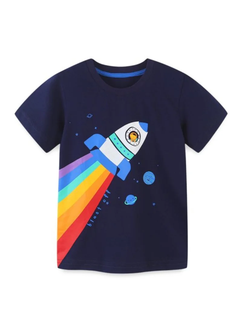 YUNIQEE Navy Blue Printed Round Neck Cotton T-shirt