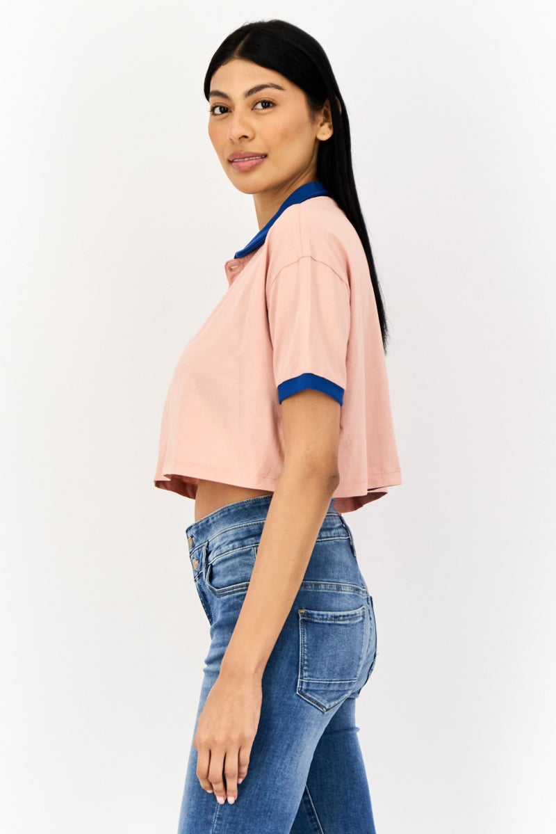 ONLY Women Spread Collar Short Sleeves Solid Polo Shirts, Peach  - Image 3