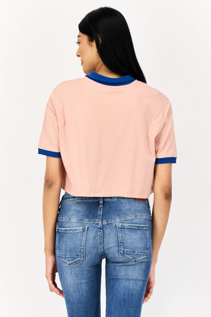 ONLY Women Spread Collar Short Sleeves Solid Polo Shirts, Peach  - Image 4