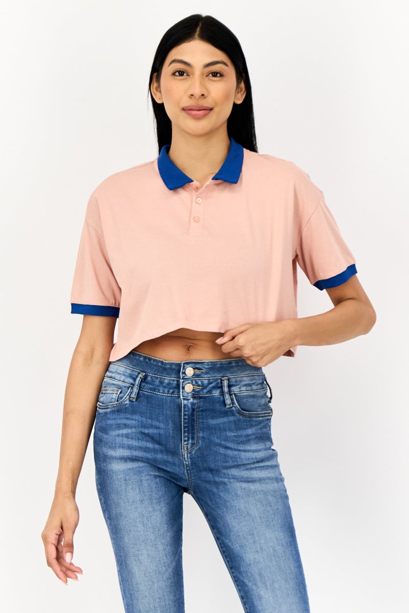 ONLY Women Spread Collar Short Sleeves Solid Polo Shirts, Peach  - Image 1