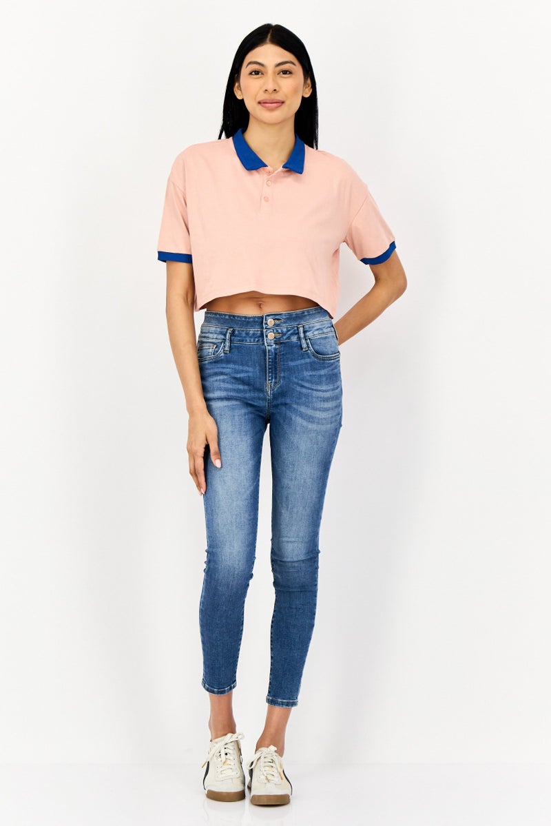 ONLY Women Spread Collar Short Sleeves Solid Polo Shirts, Peach  - Image 2