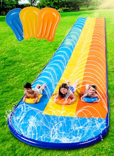 Sloosh Triple Water Slide with 3 BodyBoards, 18FT Lawn Slip Water Splash Slide Summer Toy Splash Pad with Build in Advanced Sprinkler for Kids Adults Backyard Summer Water Fun - Image 1