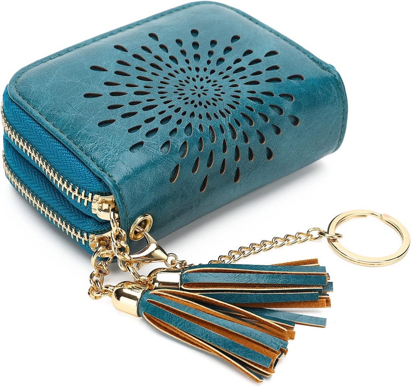 APHISON RFID Credit Card Holder Zipper Card Case Keychain Small Wallet for Women 1942-2 PEACOCK-BLUE - Image 1