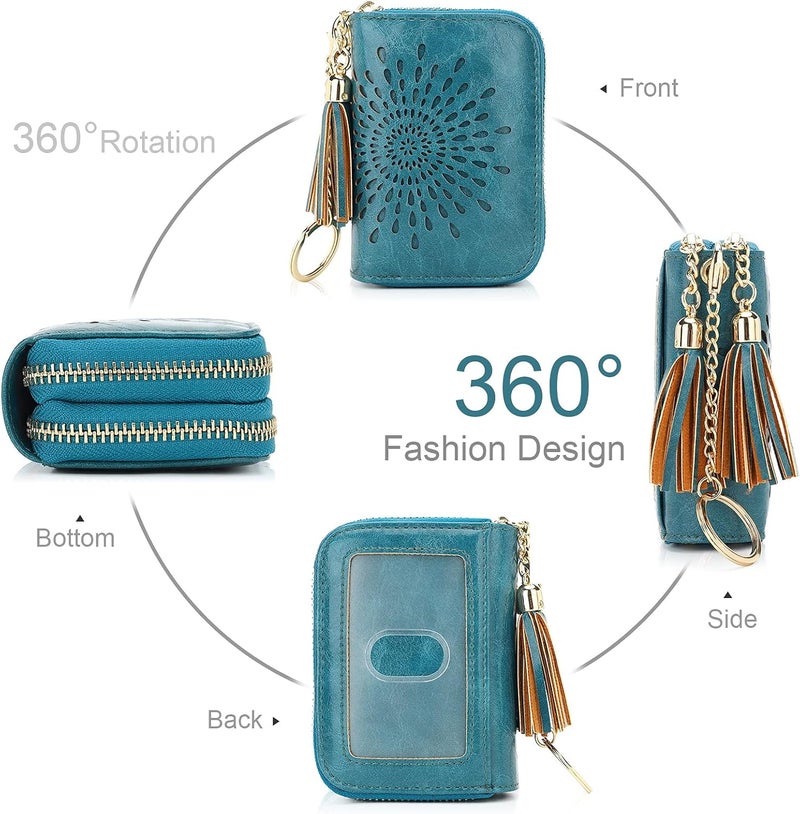 APHISON RFID Credit Card Holder Zipper Card Case Keychain Small Wallet for Women 1942-2 PEACOCK-BLUE - Image 2