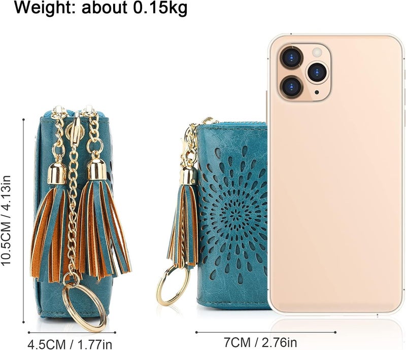 APHISON RFID Credit Card Holder Zipper Card Case Keychain Small Wallet for Women 1942-2 PEACOCK-BLUE - Image 5