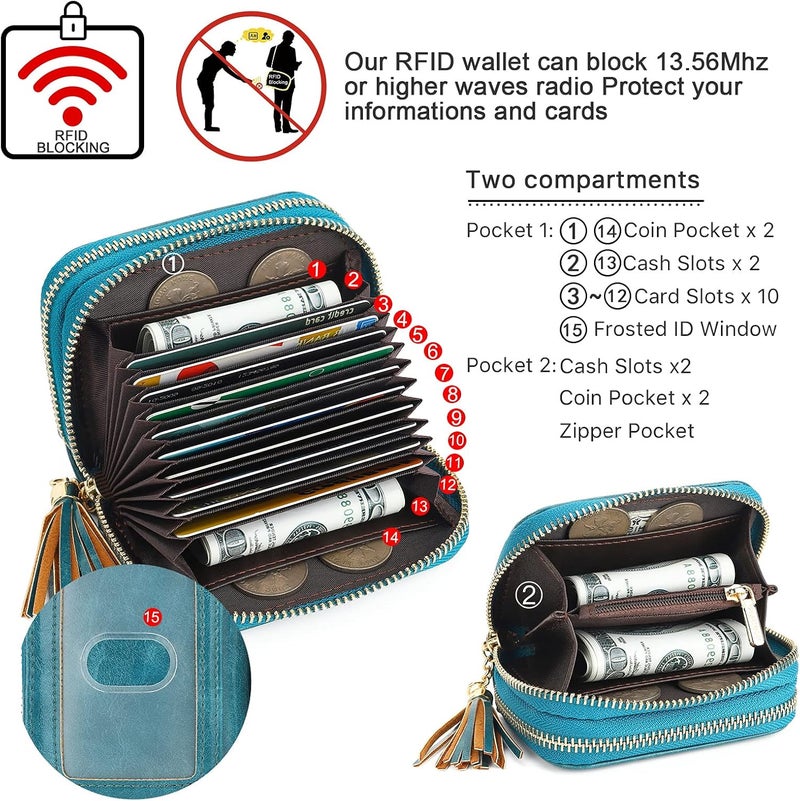 APHISON RFID Credit Card Holder Zipper Card Case Keychain Small Wallet for Women 1942-2 PEACOCK-BLUE - Image 3
