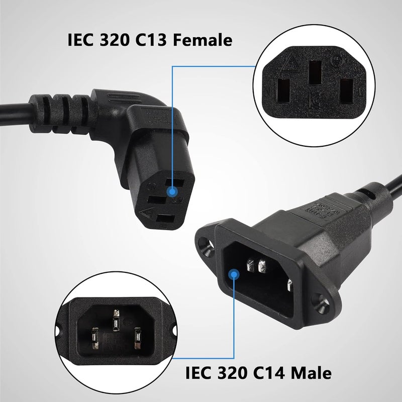 CERRXIAN 03m Up Angle C13 to C14 Panel Mount Power Cable 90 Degree IEC 320 C13 Female to C14 Male PDU Power Supply Extension Cord for MonitorsComputersEtcUc13mc14 - Image 2