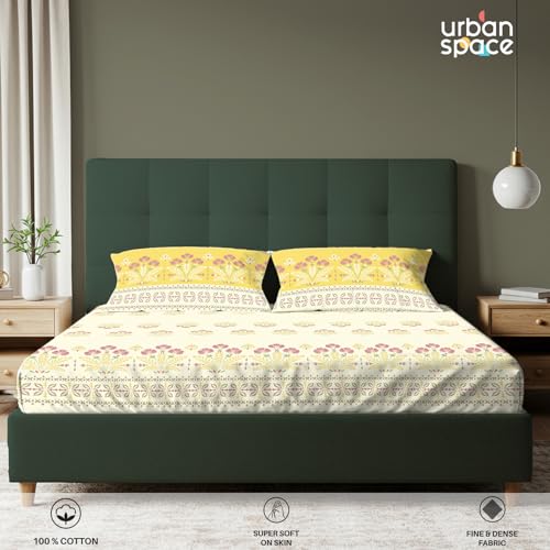 Urban Space Serene 100% Cotton Bedsheet for Double Bed, Floral Queen Size Bed Sheet with 2 Pillow Covers (88 x 100 Inches, Malhaar Mustard Yellow) - Image 3