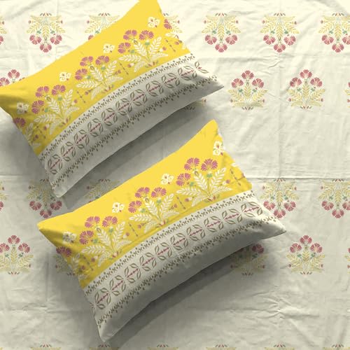Urban Space Serene 100% Cotton Bedsheet for Double Bed, Floral Queen Size Bed Sheet with 2 Pillow Covers (88 x 100 Inches, Malhaar Mustard Yellow) - Image 1