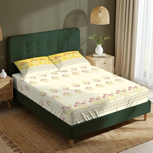 Urban Space Serene 100% Cotton Bedsheet for Double Bed, Floral Queen Size Bed Sheet with 2 Pillow Covers (88 x 100 Inches, Malhaar Mustard Yellow) - Image 2