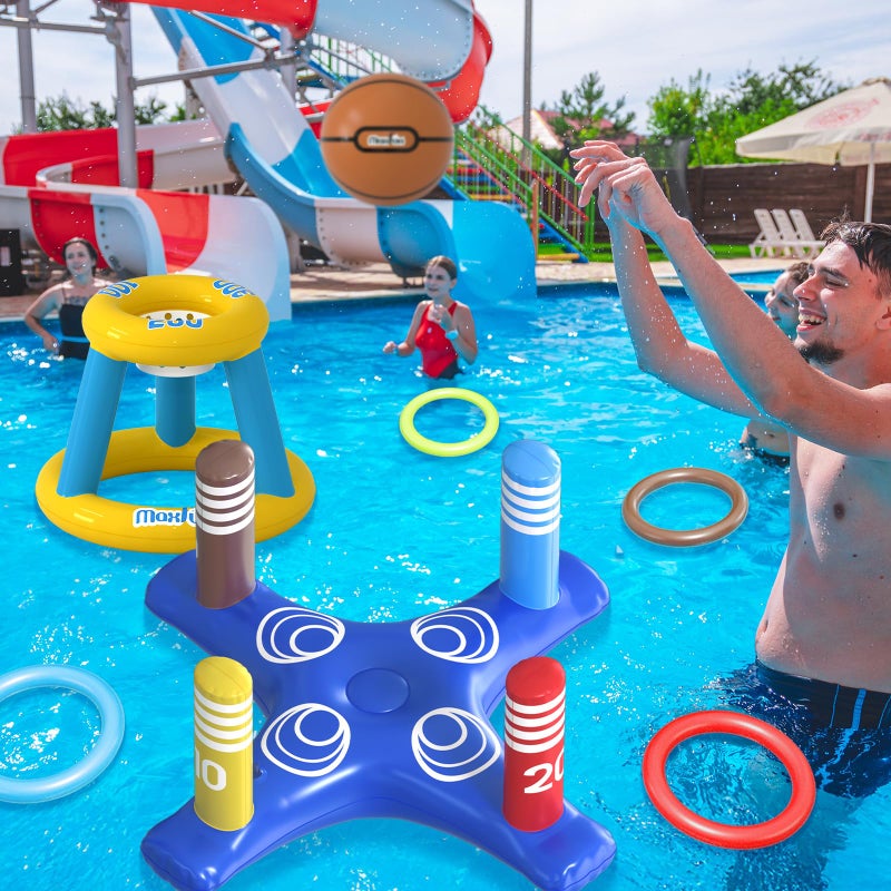 Max Fun مجموعة ألعاب حوض السباحة ماكس فن للأطفال - حلقة كرة السلة، لعبة رمي الحلقات القابلة للنفخ، ألعاب عائمة للأطفال والبالغين، زينة حفلات ألعاب السباحة - Image 5
