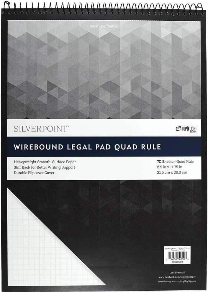 Top Flight Silverpoint Top Wire Pad, Heavy Back, Quadrille Rule, 8.5 x 11.75 Inches, 70 Sheets, Protective Cover, Blue/Black (51070) - Image 1
