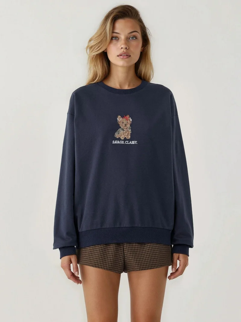 HICCUP Embroidered Crew Neck Sweatshirt
