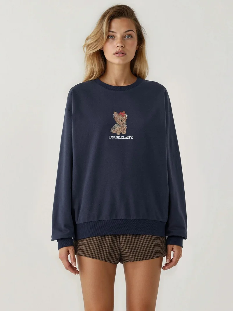 Hiccup Navy Blue Embroidered Crew Neck Sweatshirt for Women | Best Price UAE
