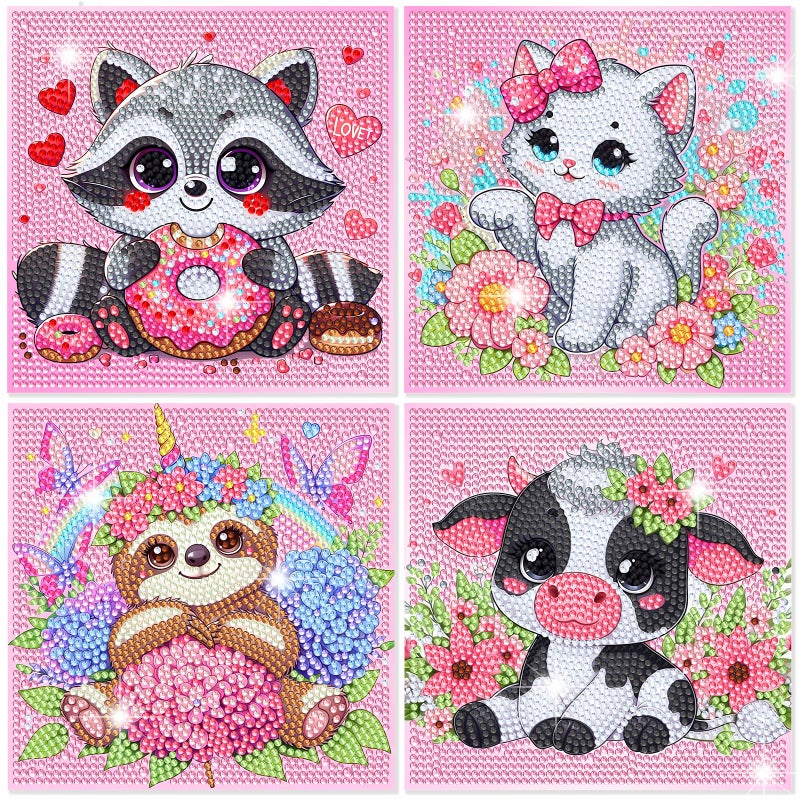 NANZHOO Diamond Art Kits for Kids, 4 Pieces Cartoon Animals Diamond Painting Kits for Adults Beginner, 5D Full Round Drill Gem Art Arts and Crafts for Kid Mosaic Kits for Gift Home Wall Decor Kids 6X6 inch - Image 1
