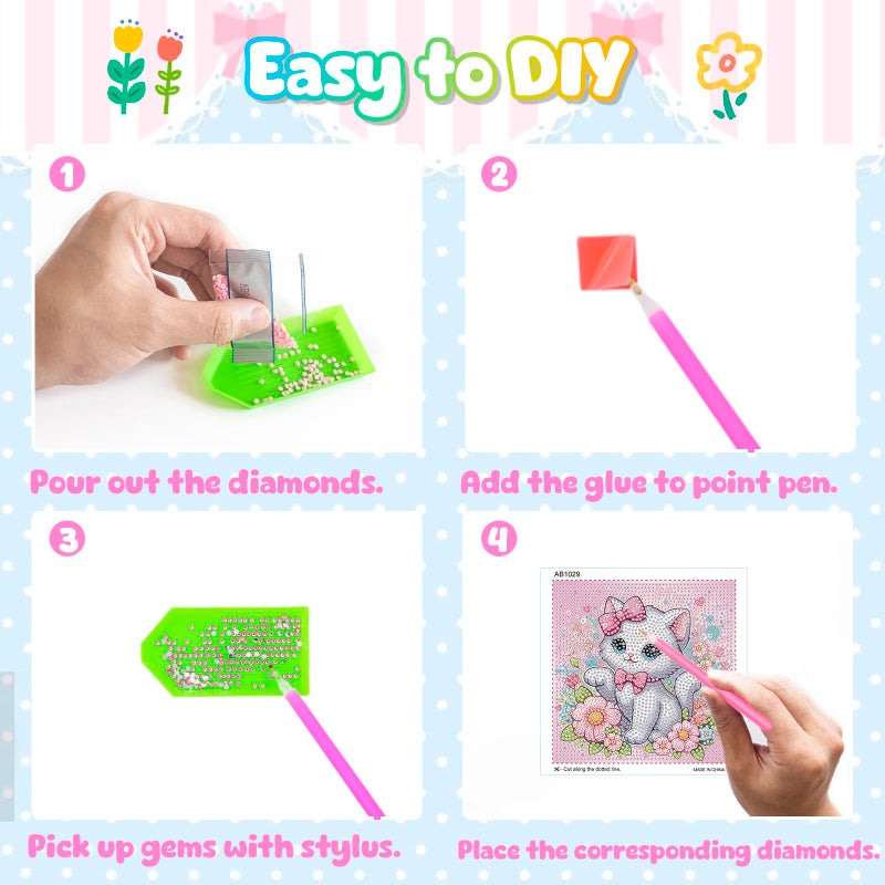 NANZHOO Diamond Art Kits for Kids, 4 Pieces Cartoon Animals Diamond Painting Kits for Adults Beginner, 5D Full Round Drill Gem Art Arts and Crafts for Kid Mosaic Kits for Gift Home Wall Decor Kids 6X6 inch - Image 4