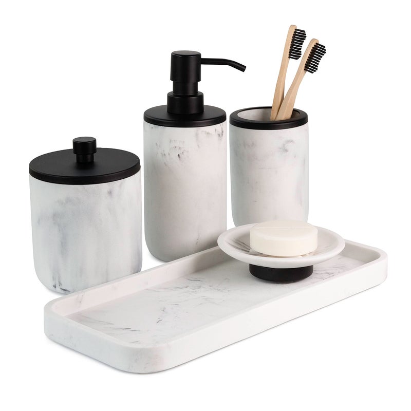 L'MKI Marble  Matte Black Bathroom Accessories Set  Toothbrush Holder Soap Dispenser Modern Black Bathroom Decor 